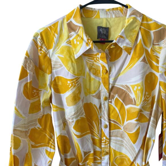NEW VINCE CAMUTO Yellow Floral Belted Button Down Shirt Dress Size 12 Chic - Picture 3 of 8